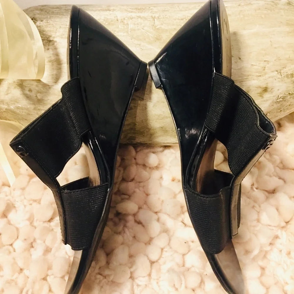 Etienne Aigner | Black Patent Leather Wedge Open Toe Heels 6